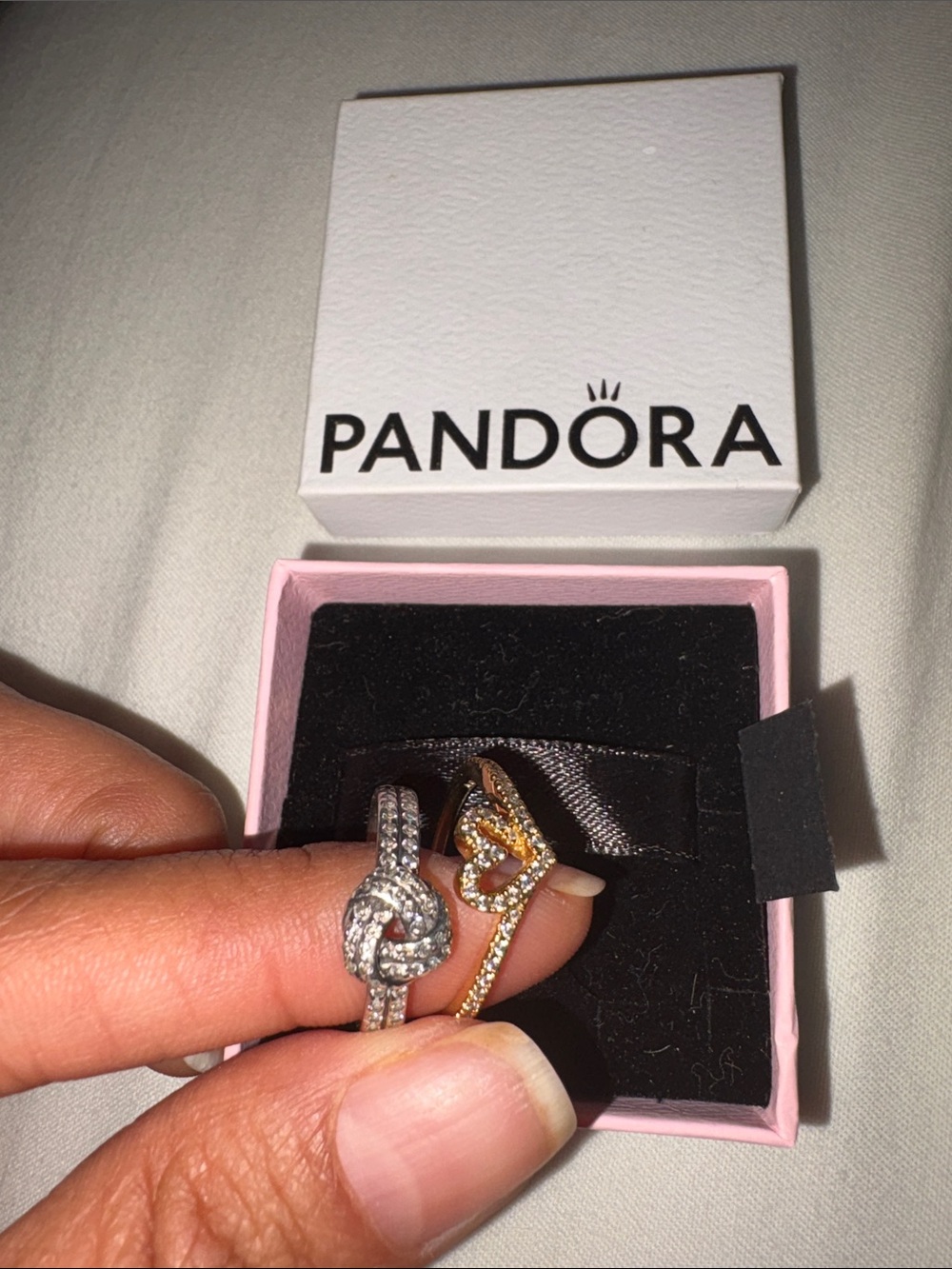 Pandora Silver Knot Ring & Gold Heart Ring with Sparkle